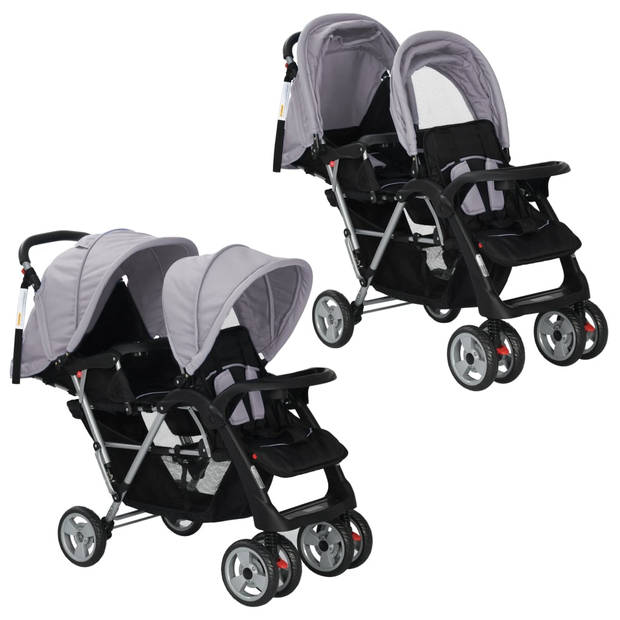 The Living Store Kinderwagen Dubbel - Grijs/Zwart - 122.5 x 53.5 x 111 cm - Duurzaam en veelzijdig