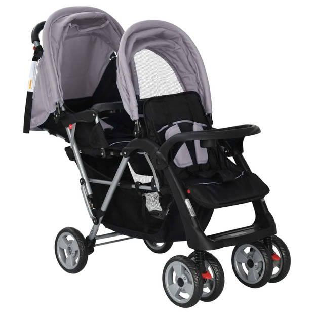 vidaXL Kinderwagen dubbel staal grijs en zwart