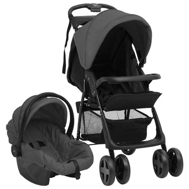 The Living Store Kinderwagen 3-in-1 - Donkergrijs/Zwart - 49x78.5x102 cm - Staal/Linnen - UV-Bescherming