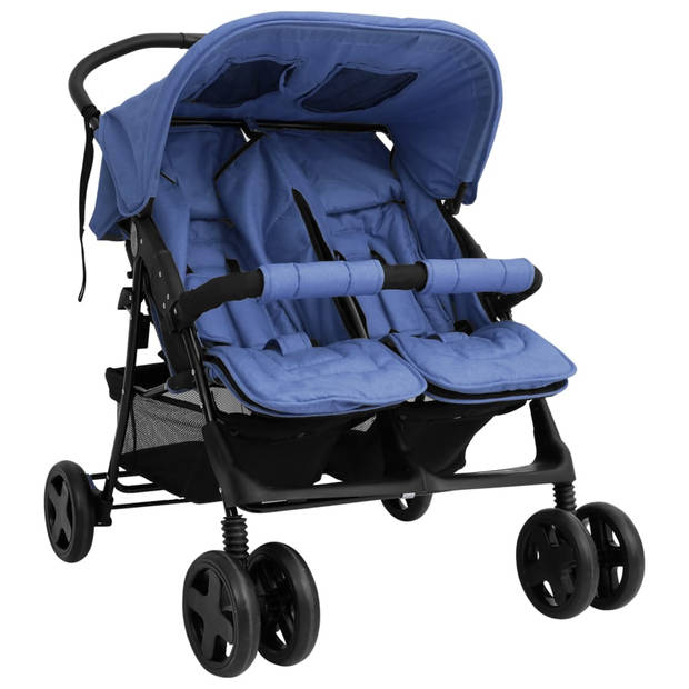 The Living Store Tweelingwagen - Kinderwagen - 80x96x104cm - Inklapbaar - Marineblauw