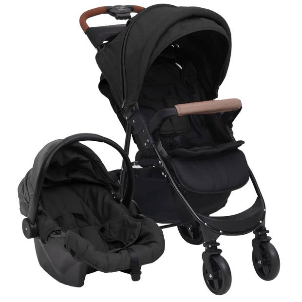 The Living Store Kinderwagen 3-in-1 - Antraciet - Staal en Linnen - 49x82x99 cm (BxDxH) - Inclusief Autostoeltje