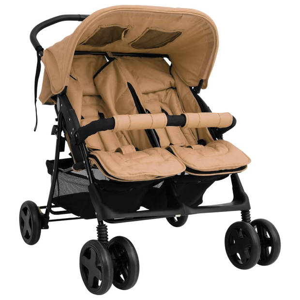 The Living Store Comfortabele Tweelingwagen - Wandelen en winkelen - 80 x 96 x 104 cm - Staal en linnen - Taupe