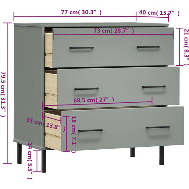 The Living Store OSLO Dressoir - 77 x 40 x 79.5 cm - Massief Grenenhout - Grijs