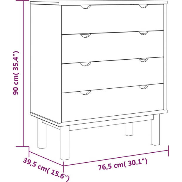 The Living Store OTTA Houten Ladekast - 76.5 x 39.5 x 90 cm - Massief Grenenhout - 4 Lades