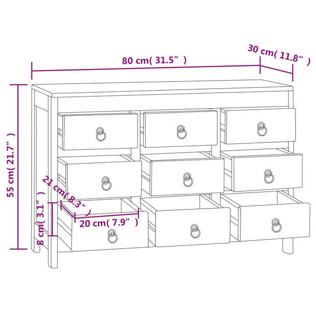 The Living Store Ladekast Vintage Teakhout 80x30x55 - Massief Teakhout - 9 lades