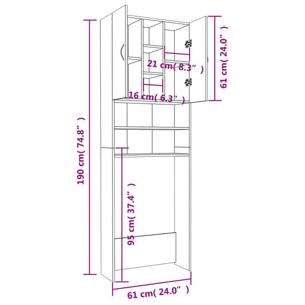 The Living Store Badkaast - betongrijs - 64x25.5x190 cm - 2 deuren - 9 vakken