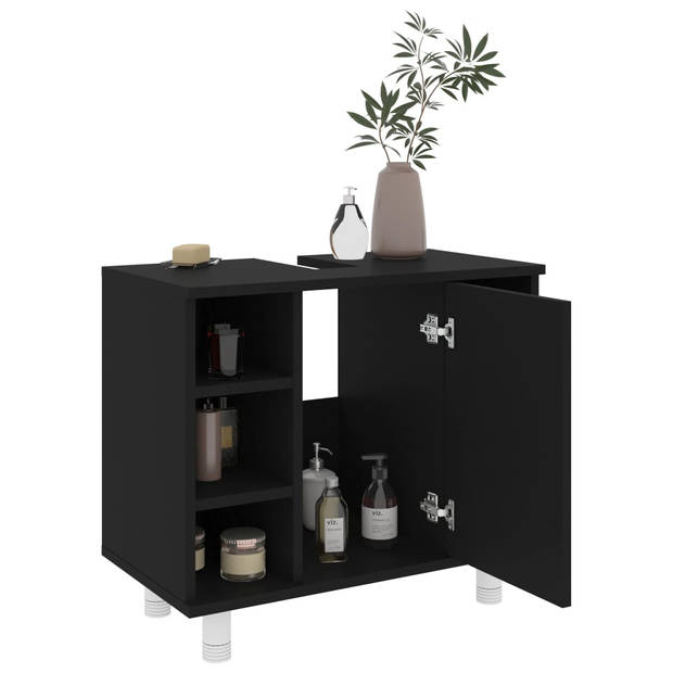 The Living Store Badkaast - Zwart - spaanplaat - 60 x 32 x 53.5 cm - 7 schappen - 1 deur