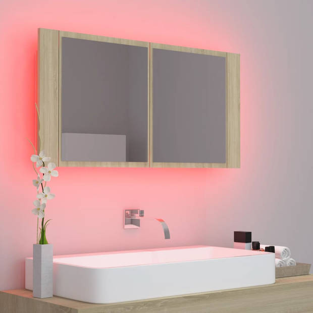 The Living Store Badkaast - Spiegel en LED - RGB-licht - Sonoma eiken - 90 x 12 x 45 cm