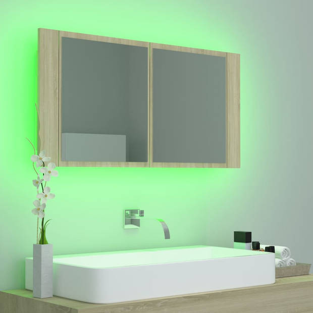 The Living Store Badkaast - Spiegel en LED - RGB-licht - Sonoma eiken - 90 x 12 x 45 cm