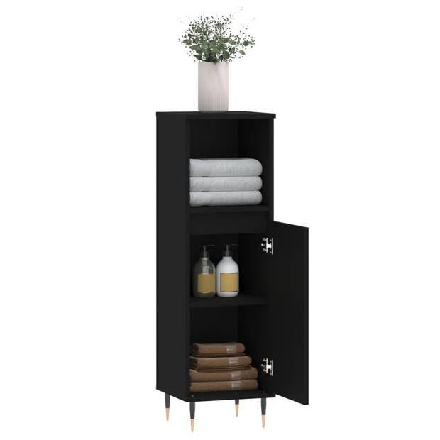 The Living Store Badkaast Zwart - Kast met Deur - 30 x 30 x 100 cm - Duurzaam Materiaal