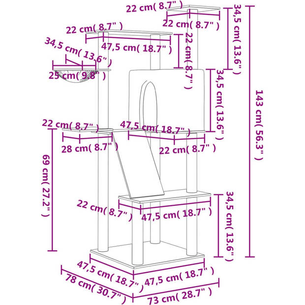 The Living Store Kattenmeubel - Alles-in-één - 78 x 73 x 143 cm - Met zacht pluche - Natuurlijke sisal