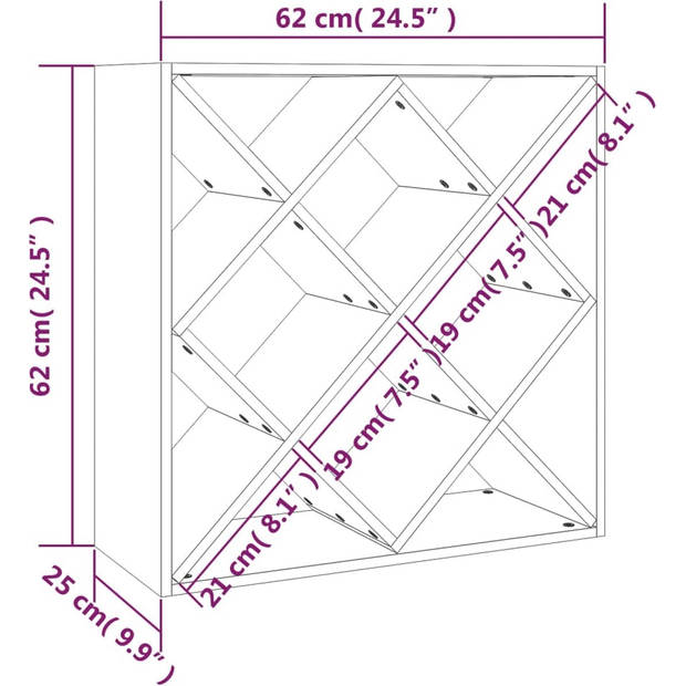 The Living Store Wijnrek Massief Grenenhout - Grijs - 62 x 25 x 62 cm - Met 12 gaten
