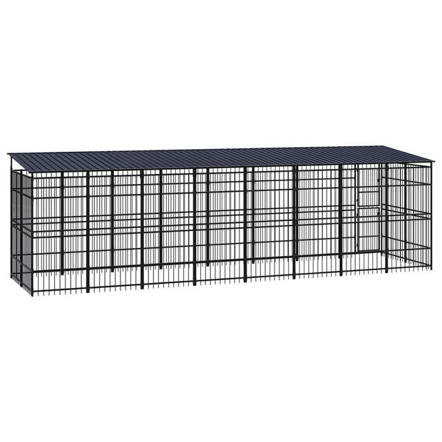 The Living Store Hondenkennel - Gepoedercoat staal - 775x200x228 cm - Met deur en dak - Zwart