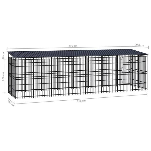 The Living Store Hondenkennel - Gepoedercoat staal - 775x200x228 cm - Met deur en dak - Zwart