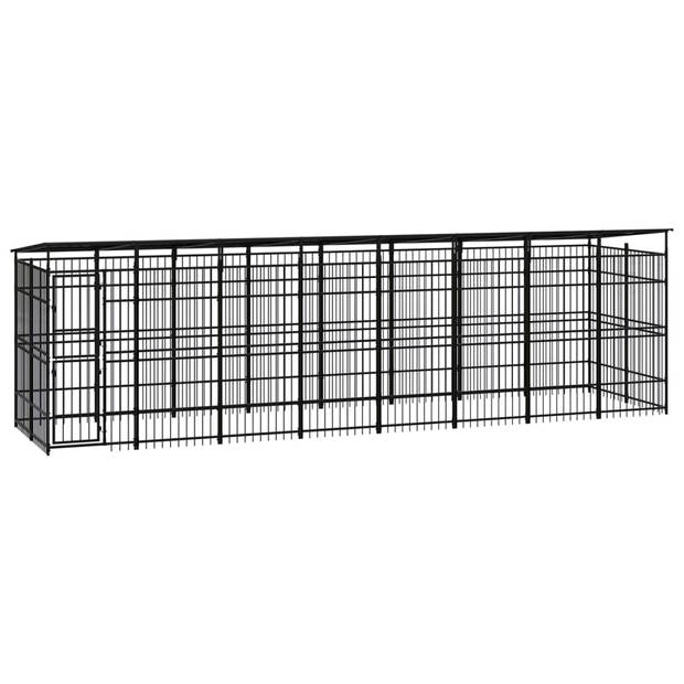 The Living Store Hondenkennel - Gepoedercoat staal - 775x200x228 cm - Met deur en dak - Zwart