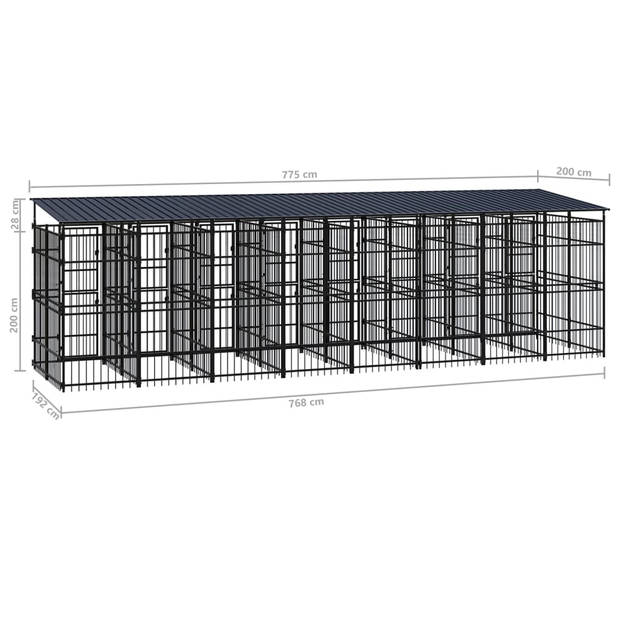 The Living Store Hondenkennel - Gepoedercoat staal - 775 x 200 x 228 cm - Deuren en dak - Zwart