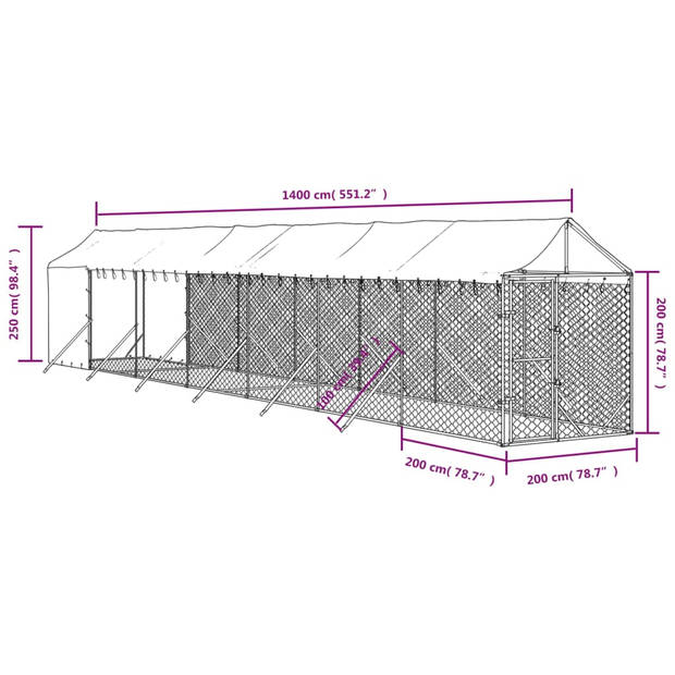 The Living Store Hondenkennel - Buiten - Gegalvaniseerd staal - Polyetheen - 2x14x2.5m - Zilverkleurig