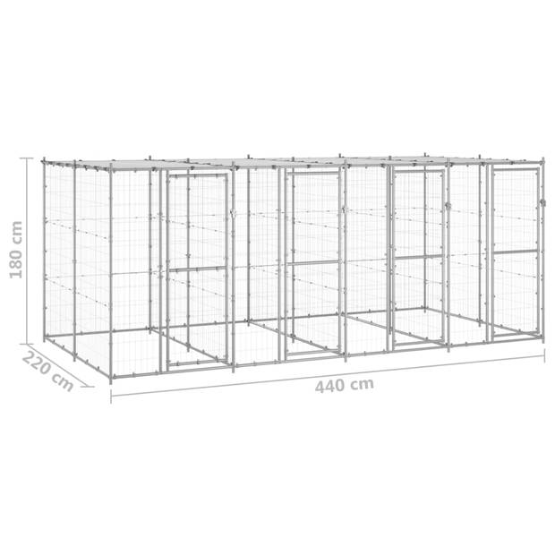 The Living Store Hondenkennel - Gegalvaniseerd Staal - 440 x 220 x 180 cm - Met Dak en Deuren - Zilver