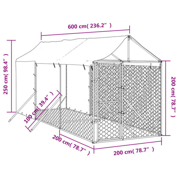 The Living Store Hondenkennel - Buiten - Gegalvaniseerd staal - Polyetheen - 2x6x2.5m - Zilver