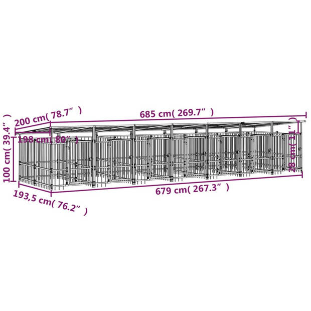 The Living Store Hondenhok XL - Hondenkooi 685x198x128cm - Stalen stangen - Gepoedercoat staal - Zwarte hondenkennel