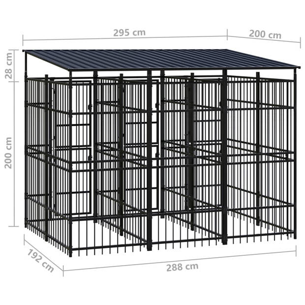 The Living Store Hondenkennel - zwart - Gepoedercoat staal - 295x200x228cm (LxBxH) - Met deuren en dak - Afsluitbaar