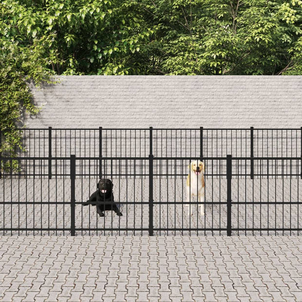 The Living Store Hondenhok Hondenkennel - Gepoedercoat Staal - 776 x 485 x 100 cm - Zwart - Muren van Stalen Stangen -