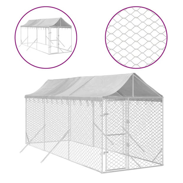 The Living Store Hondenkennel Buiten - 2 x 6 x 2.5 m - Gegalvaniseerd Staal - Polyetheen Dak - Zilver