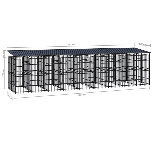 The Living Store Hondenkennel - Stalen stangen - 871 x 200 x 228 cm - zwart