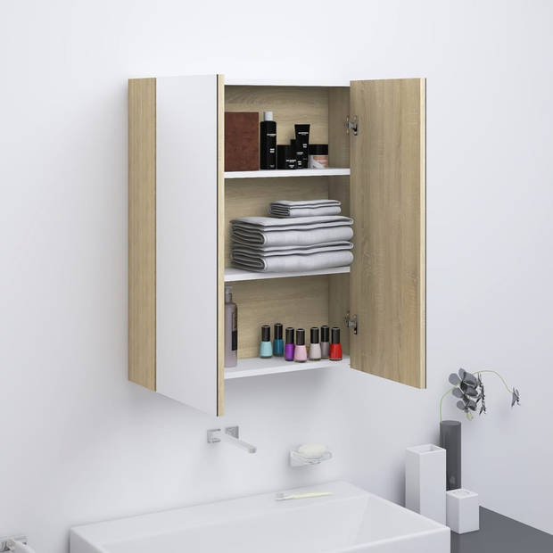 The Living Store wandspiegelkast - MDF met melamine-oppervlak en glas - 60 x 15 x 75 cm - wit en eiken