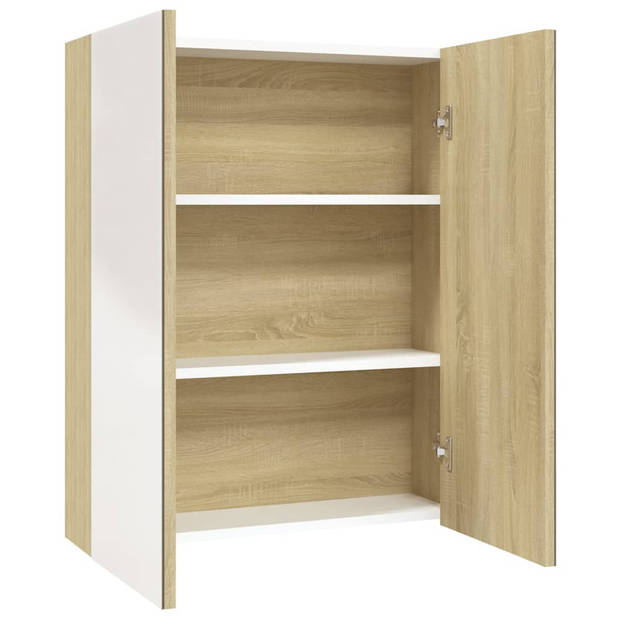 The Living Store wandspiegelkast - MDF met melamine-oppervlak en glas - 60 x 15 x 75 cm - wit en eiken