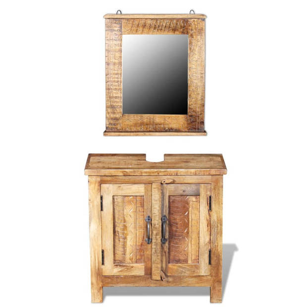 The Living Store Badkamerset - vintage hout - wastafelkast 60cm - spiegel 45x55cm - massief mangohout