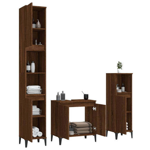 The Living Store Badmeubelset Bruineiken - Wastafelkast 58x33x60cm - Staande kasten 30x30x100cm - 30x30x190cm