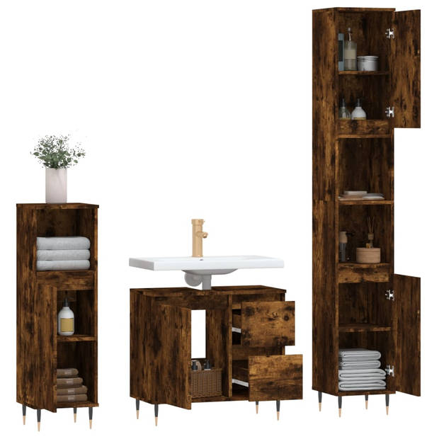 The Living Store Badkamermeubelset - Gerookt eiken - Hoog- 30x30x190 cm - Laag- 30x30x100 cm - Wastafelkast- 65x33x60