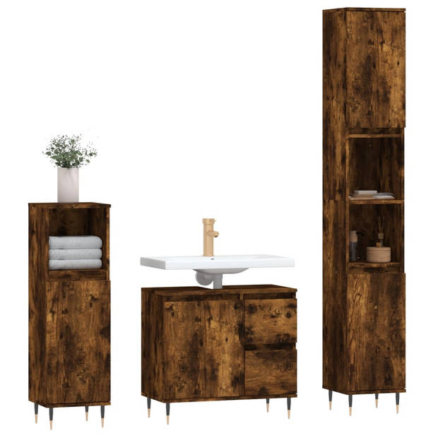 The Living Store Badkamermeubelset - Gerookt eiken - Hoog- 30x30x190 cm - Laag- 30x30x100 cm - Wastafelkast- 65x33x60