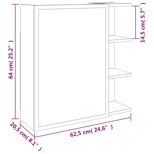 The Living Store Wandspiegelkast - Gerookt eiken - 62.5 x 20.5 x 64 cm - Bewerkt hout en acryl