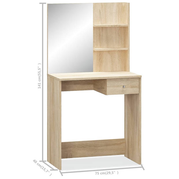 The Living Store Kaptafel Eiken - 75 x 40 x 141 cm - Spiegel - Lade en Schappen