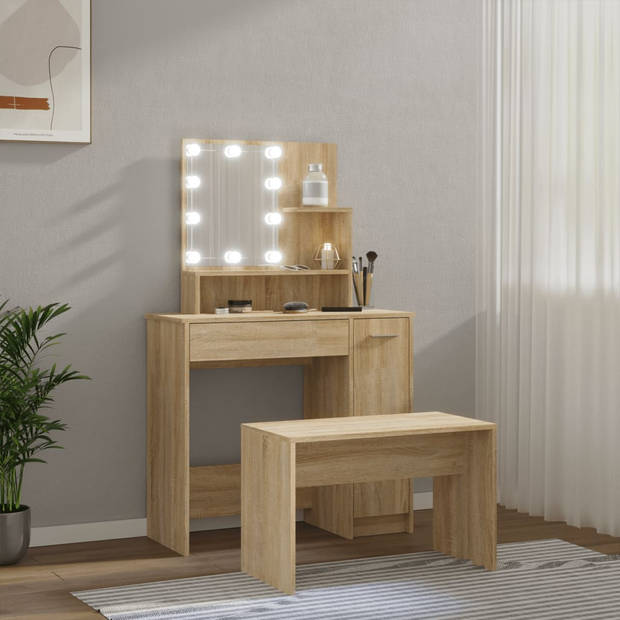 The Living Store Kaptafelset - Sonoma Eiken - Bewerkt hout - 86.5 x 35 x 136 cm (B x D x H) - LED-verlichting