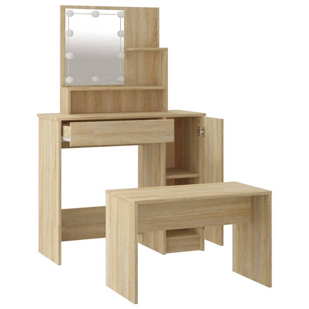 The Living Store Kaptafelset - Sonoma Eiken - Bewerkt hout - 86.5 x 35 x 136 cm (B x D x H) - LED-verlichting