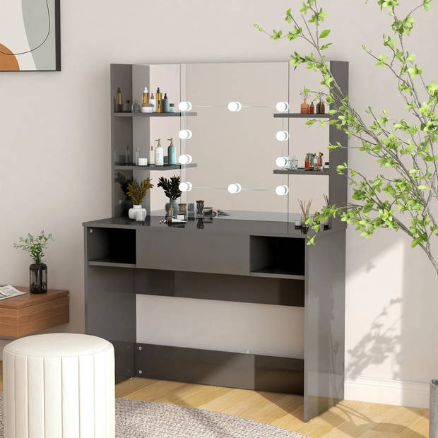 The Living Store Kaptafel - LED verlicht - MDF - 100 x 40 x 135 cm - Glanzend grijs