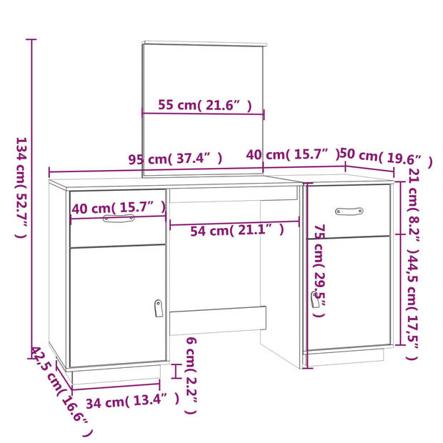 The Living Store Kaptafelset Massief Grenenhout - Zwart - 95 x 50 x 209 cm - Inclusief Spiegel