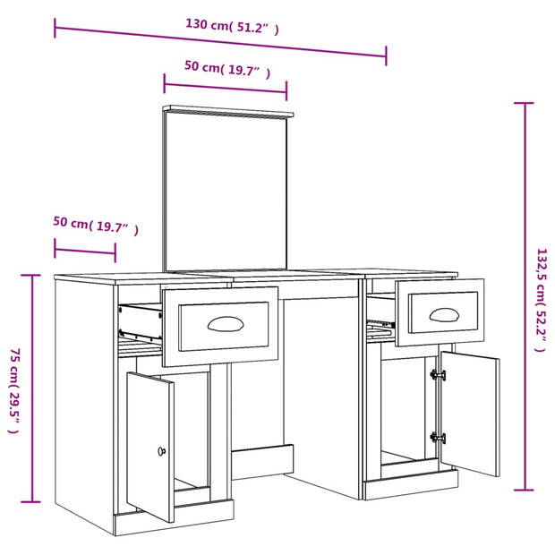 vidaXL Kaptafel met spiegel 130x50x132,5 cm sonoma eikenkleurig