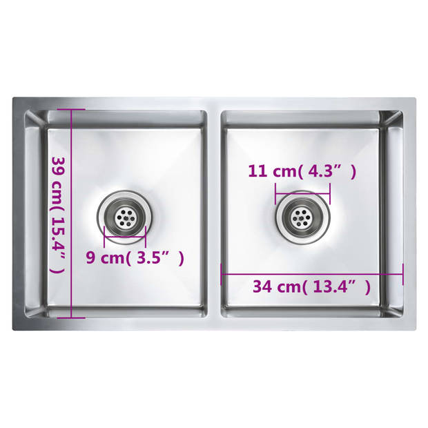 The Living Store Spoelbak - Dubbele Spoelbakken - 76 x 44 x 20 cm - RVS