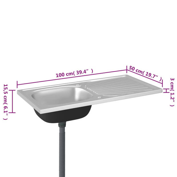 The Living Store RVS Spoelbak - 1000 x 500 x 155 mm - Enkele bak - Omkeerbaar