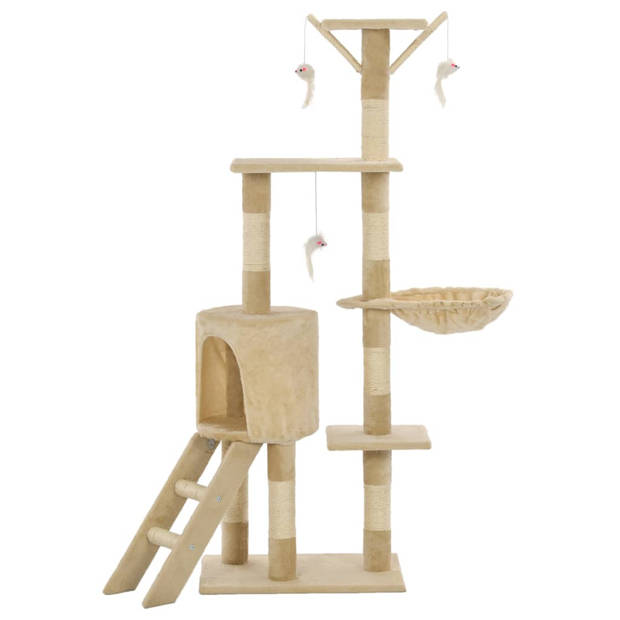 The Living Store Kattenkrabpaal - Beige - 138 cm - 49 x 35 cm - Met muizenspeeltjes - Met ladder - huis