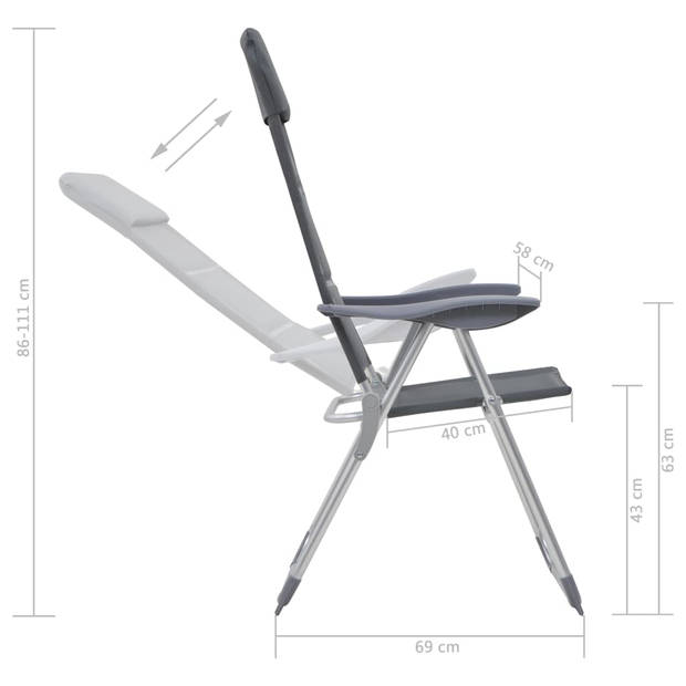 The Living Store Campingstoelen - Grijs - Aluminium - 58x69x86-111cm - Verstelbaar in 5 posities