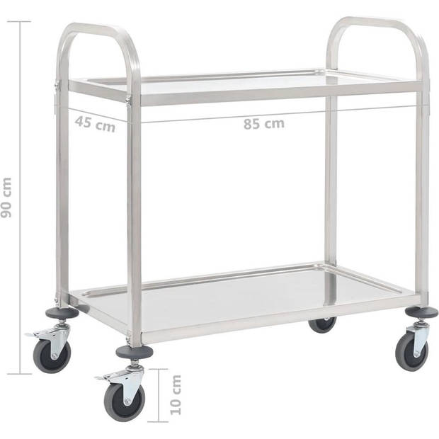 The Living Store Keukentrolley - 96.5x55x90 cm - Zilver - Robuust frame - Grote bladen - Soepel rollende wielen