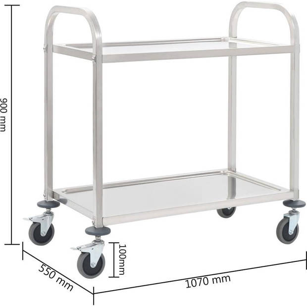 The Living Store Keukentrolley - 96.5x55x90 cm - Zilver - Robuust frame - Grote bladen - Soepel rollende wielen