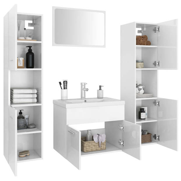 The Living Store Badkamermeubelset - Hoogglans wit - 60 x 38.5 x 46 cm - Keramieken wastafel - 2 hoge kasten