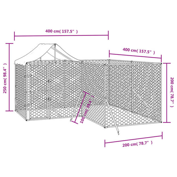 The Living Store Kennel Outdoor - 4x4x2.5m - Staal/Polyetheen - Beschermend dak - Afsluitbare deur