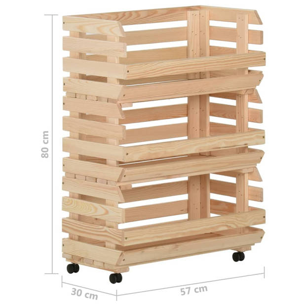 The Living Store Keukentrolley Hout - 57 x 30 x 80 cm - Opbergtrolley met 3 vakken en zwenkwielen